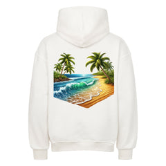Der Infinity Merch Oversized Hoodie "Strand" in Weiß zeigt auf der Rückseite eine lebhafte Strandszene mit Wellen, Sandstrand, Palmen und blauem Himmel.