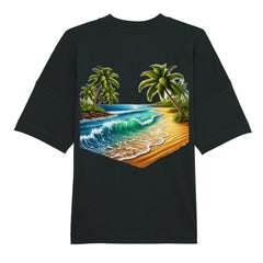 Das Premium Oversize Blast "strand" T-Shirt von Infinity Merch ist aus Bio-Baumwolle gefertigt und zeigt auf der Rückseite einen bunten Print mit tropischem Strand, Palmen, blauem Ozean und Sand.