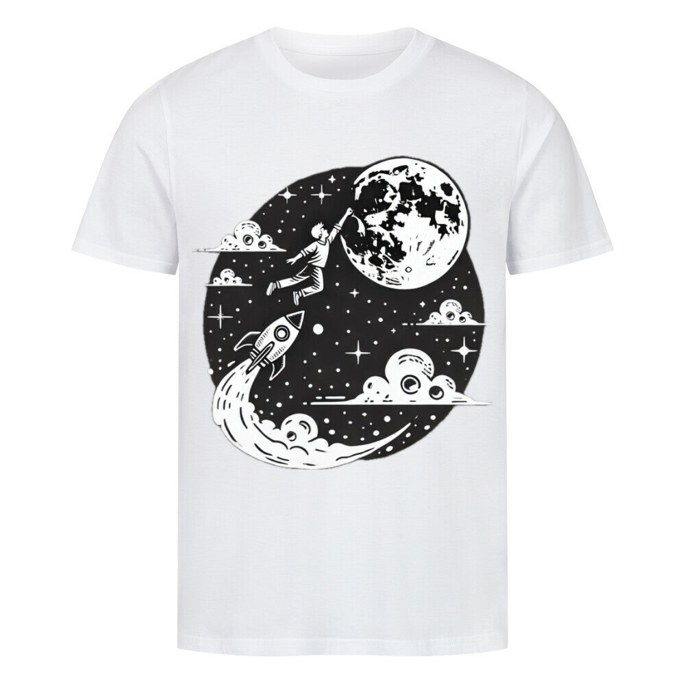 Das Premium Shirt "Astronaut-Mond" von Infinity Merch ist ein weißes Bio-Baumwolle T-Shirt, das einen Astronauten beim Bemalen des Mondes zeigt, mit einer Rakete zwischen Wolken und Sternen - ideal für nachhaltige Mode Fans.