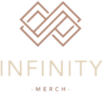 Ein geometrisches Unendlichkeitssymbol in Braun über dem Wort INFINITY in beigen Großbuchstaben, darunter das Wort MERCH in kleineren braunen Buchstaben. Der Hintergrund ist hellgrau.