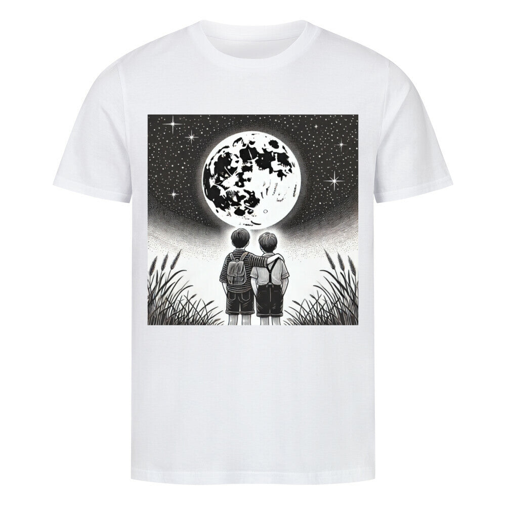 Das "Mond von Erde entfernt"-T-Shirt von Infinity Merch ist aus weißer Bio-Baumwolle gefertigt und zeigt zwei Jungs, die den Mond anstarren. Dieses Unisex Singlejersey Shirt bietet nachhaltige Mode mit Komfort und Style für alle.