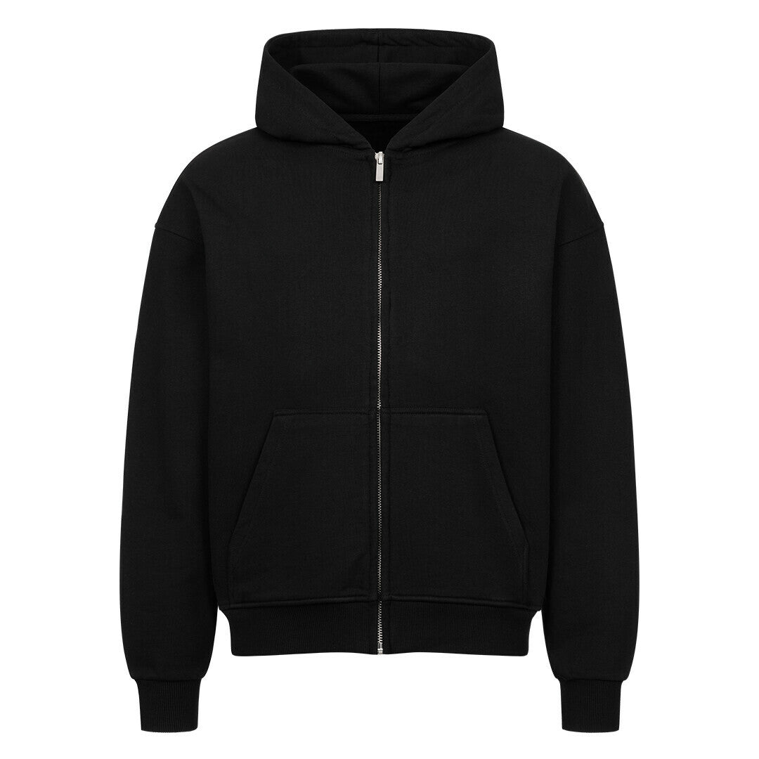 Der Oversized Zipper Hoodie "Natur" von MarketPrint ist ein schlichter, schwarzer Premium-Kapuzenpulli aus 100% Baumwolle, mit einem Frontreißverschluss, zwei Taschen, Rippbündchen an Ärmeln und Saum und einer bequemen, übergroßen Passform. Abgebildet auf weißem Hintergrund.