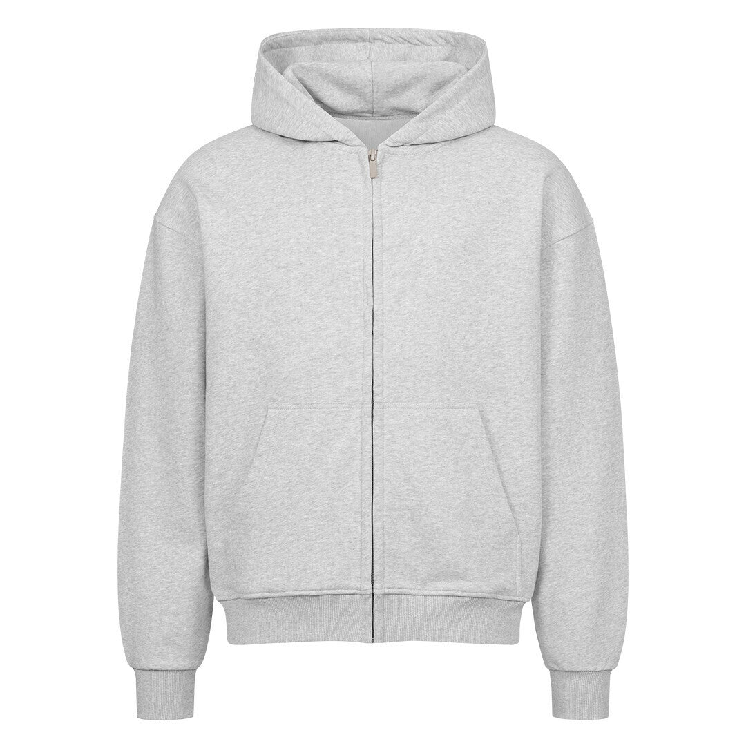 Der MarketPrint Oversized Zipper Hoodie "Natur" ist ein unifarbener, hellgrauer Kapuzenpullover mit Kapuze, Frontreißverschluss und zwei Fronttaschen aus 100% Baumwolle in Oversized-Passform auf weißem Hintergrund.