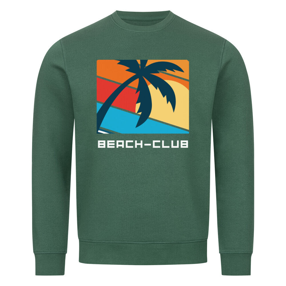 Das Premium Sweatshirt "Beach-Club" von MarketPrint ist ein grünes Unisex-Teil aus Bio-Baumwolle mit Palmenmotiv, geometrischem Sunset und BEACH-CLUB-Schriftzug - ideal für nachhaltige Mode-Fans.