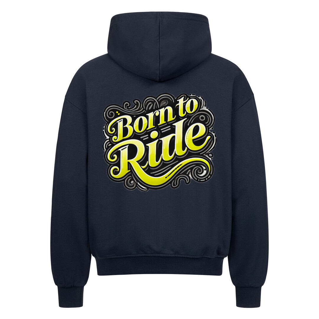 Der schwarze Oversized Zipper Hoodie "Born to Ride" von MarketPrint hat einen gelben Text und ist aus 100% Baumwolle.