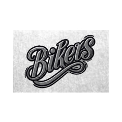 Die MarketPrint Fußmatte "Bikers" zeigt das Wort Bikers in fetter, schwarzer, kursiver Schrift mit Wirbeln und Schatten auf hellgrauem Grund - perfekt als strapazierfähige Fußmatte, die Schmutz zuverlässig abhält.