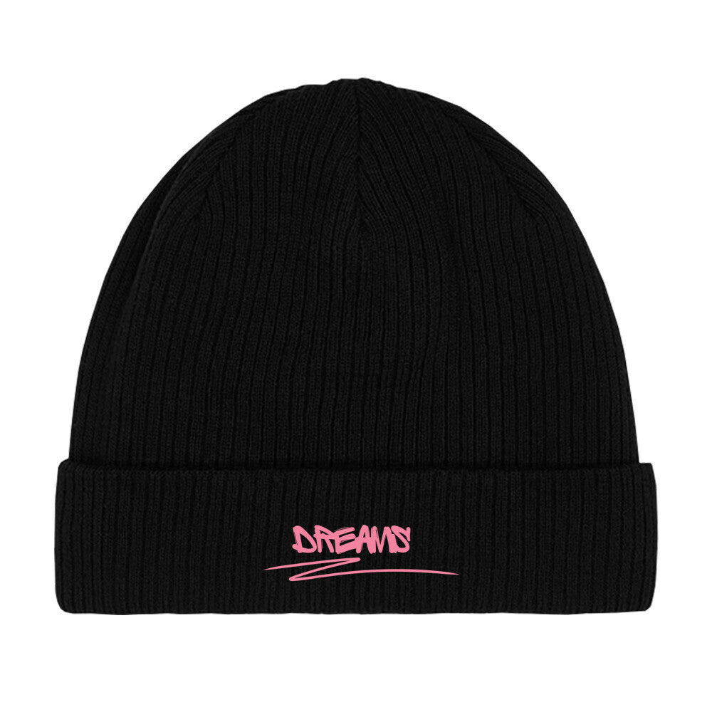 Die MarketPrint Beanie Mütze "Dreams" ist eine schwarze, doppellagige Strickmütze mit hochklappbarer Krempe und pinkem DREAMS Graffiti-Schriftzug-eine gemütliche Mütze für besonderen Style.