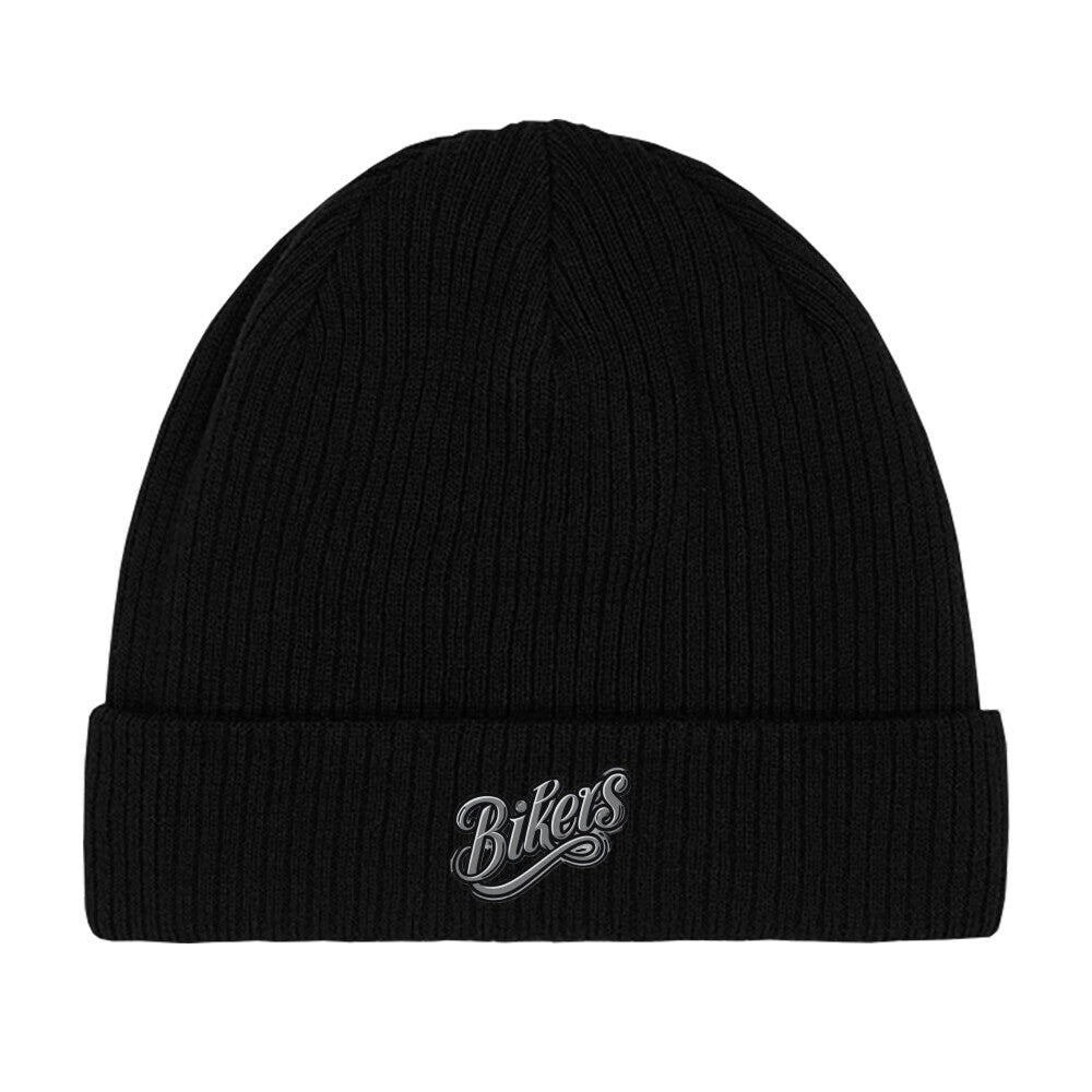 Die Beanie Mütze "Bikers" von MarketPrint ist eine schlichte schwarze, doppellagige Strick Beanie mit umgeschlagenem Bündchen, auf deren Vorderseite "Bikers" in silberner und weißer Schrift aufgestickt ist.