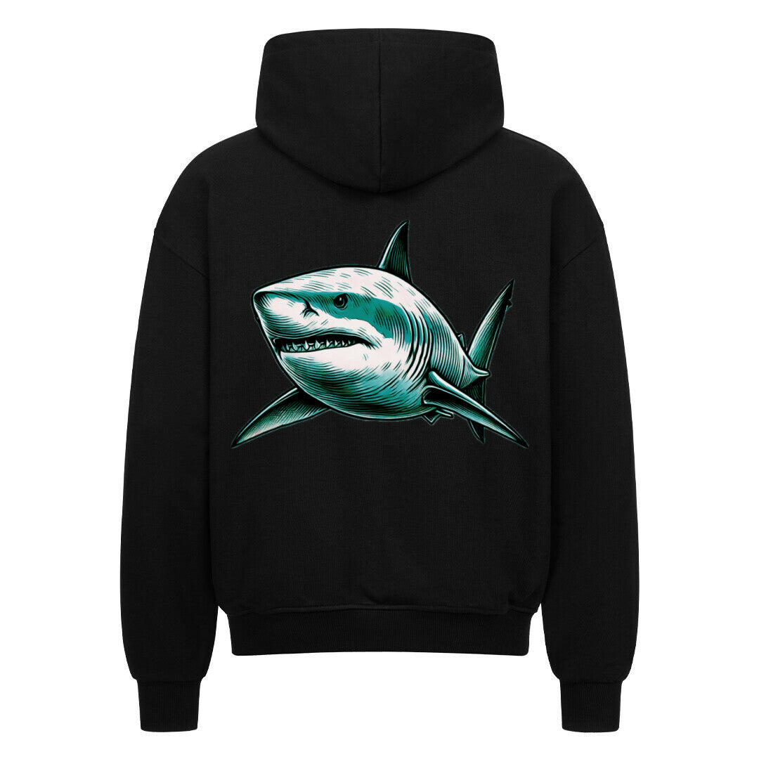 Der Oversized Zipper Hoodie "Hai" von MarketPrint ist ein schwarzer Premium-Kapuzenpulli im Oversized-Schnitt mit einer auffälligen Hai-Grafik in Grün und Weiß auf dem Rücken. Hergestellt aus 100% Baumwolle für Komfort und Stil.