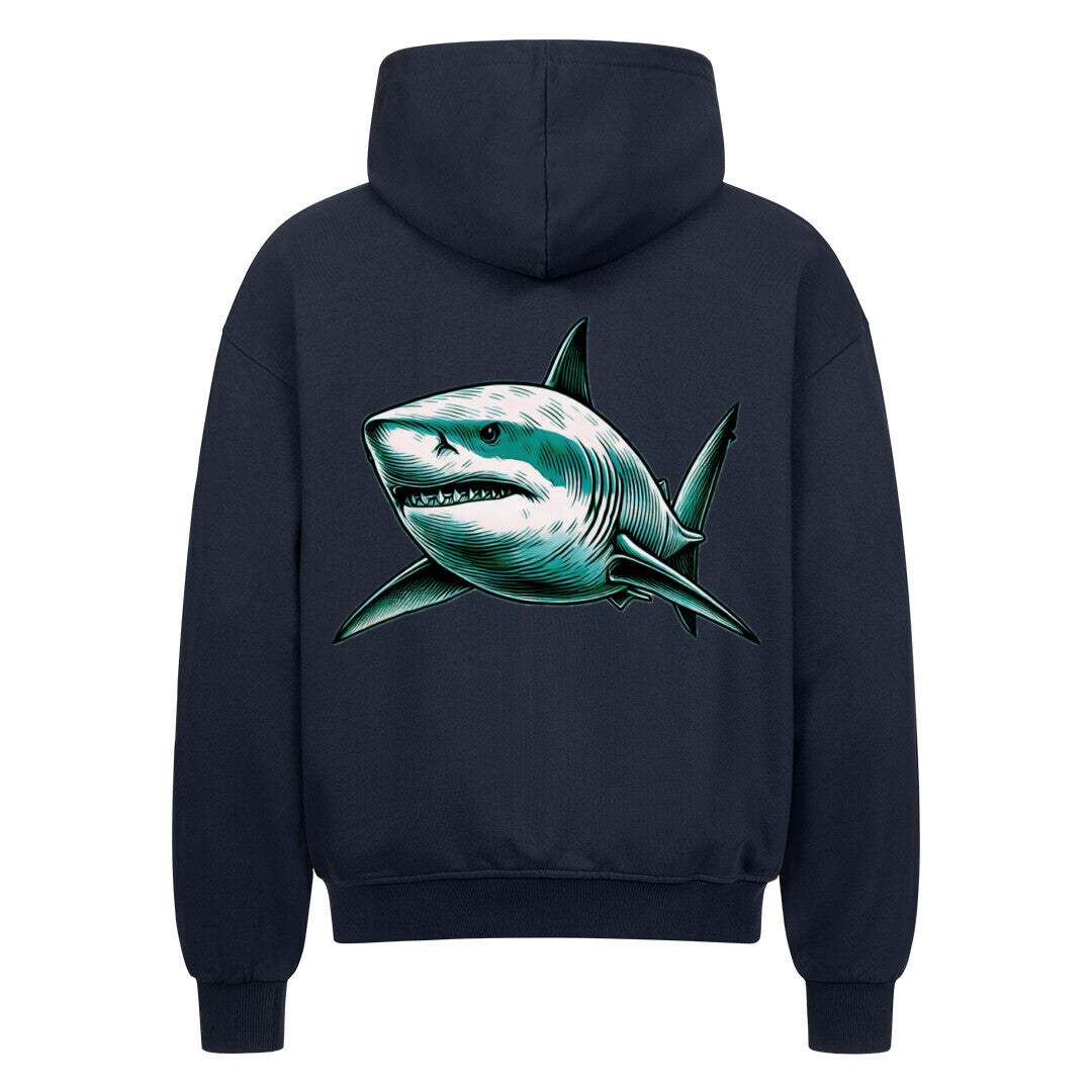 Der Oversized Zipper Hoodie "Hai" von MarketPrint ist ein navyblauer Premium-Kapuzenpullover mit übergroßer Passform und einer detaillierten blau-weißen Hai-Grafik auf dem Rücken. Hergestellt aus 100% Baumwolle für Komfort und Stil.