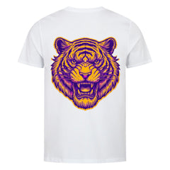 Das MarketPrint Premium Shirt "Tiger" ist ein weißes Unisex-T-Shirt mit einer auffälligen lila-gelben Tigerkopfgrafik auf der Rückseite, gefertigt aus weichem Bio-Baumwoll-Single-Jersey. Auf einfarbigem Hintergrund dargestellt.