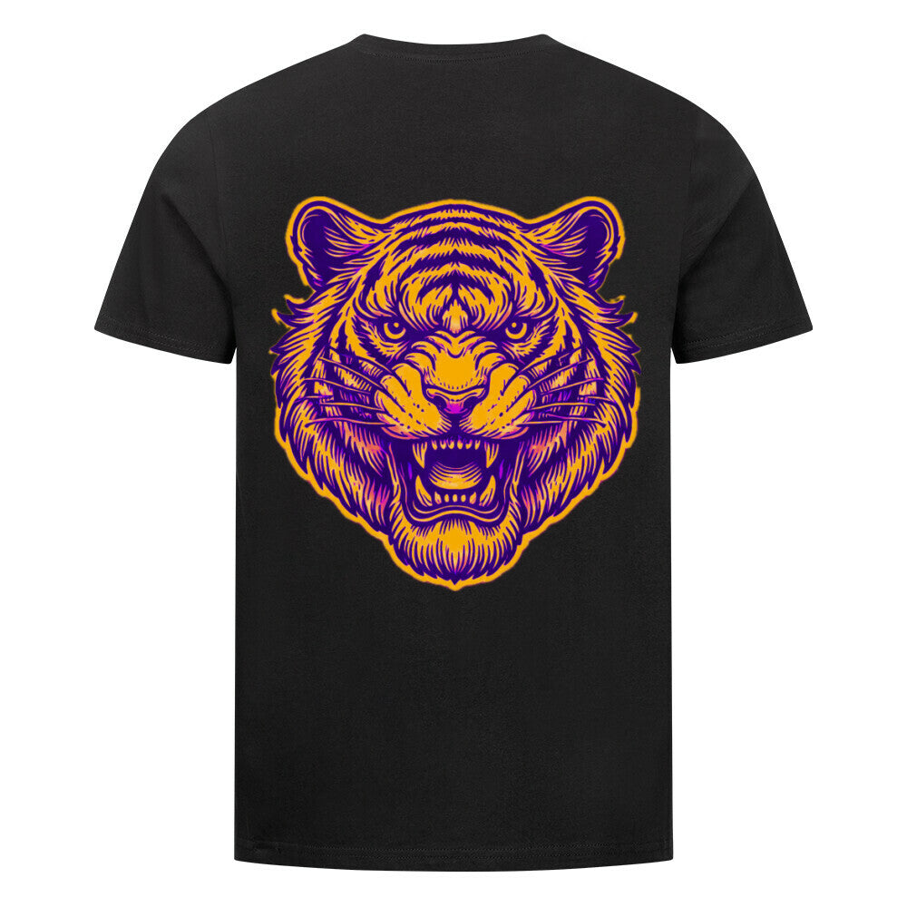 Das MarketPrint Premium Shirt "Tiger" ist ein schwarzes Unisex-T-Shirt aus weicher Bio-Baumwolle mit einer auffälligen Tigerkopfgrafik in Lila- und Orangetönen auf der Rückseite, deren Maul geöffnet ist.