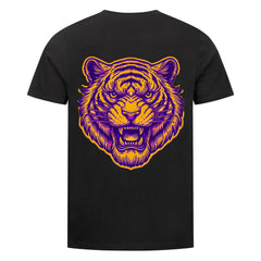 Das MarketPrint Premium Shirt "Tiger" ist ein schwarzes Unisex-T-Shirt aus weicher Bio-Baumwolle mit einer auffälligen Tigerkopfgrafik in Lila- und Orangetönen auf der Rückseite, deren Maul geöffnet ist.