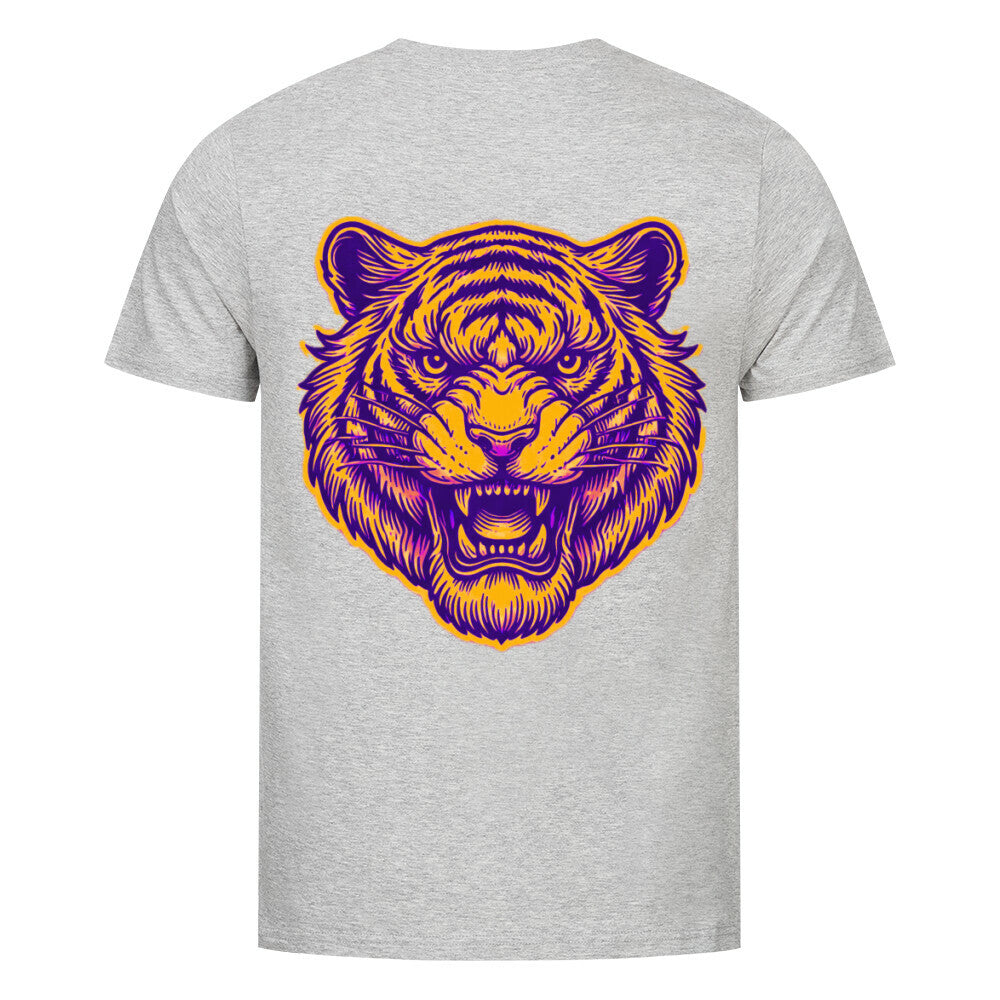 Das MarketPrint Premium Shirt "Tiger" ist ein hellgraues Unisex-T-Shirt aus weicher Bio-Baumwolle, das auf der Rückseite einen großen lila-gelben Tigerkopf mit offenem Maul und gefletschten Zähnen zeigt.