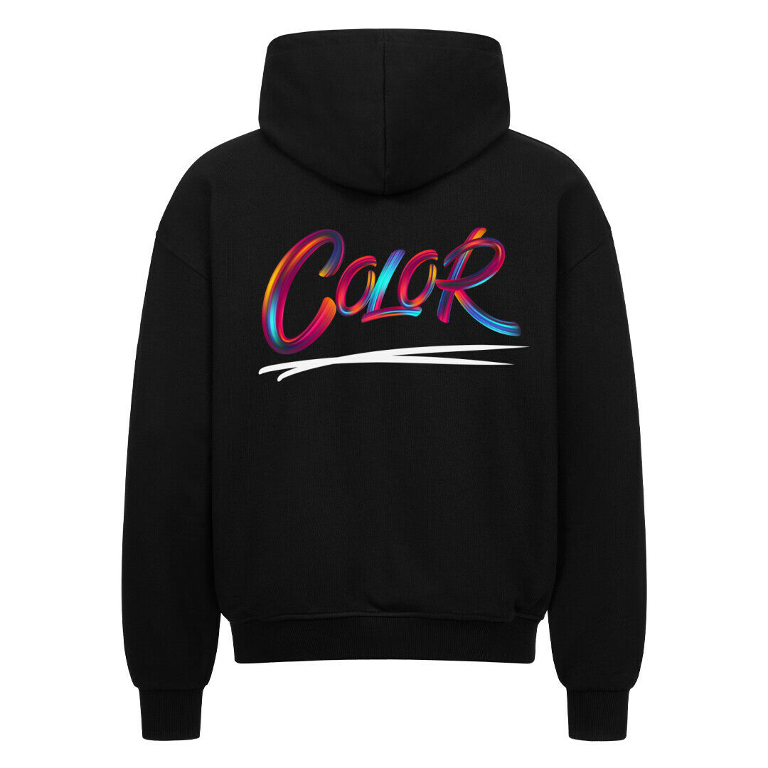 Der MarketPrint Oversized Zipper Hoodie "COLOR" besteht aus schwarzer Premium-Baumwolle (100%) mit dem Schriftzug "Color" in mehrfarbiger Pinselstrich-Schrift und einer weißen Swipe-Grafik auf der Rückseite und bietet sowohl Komfort als auch einen auffälligen Stil.