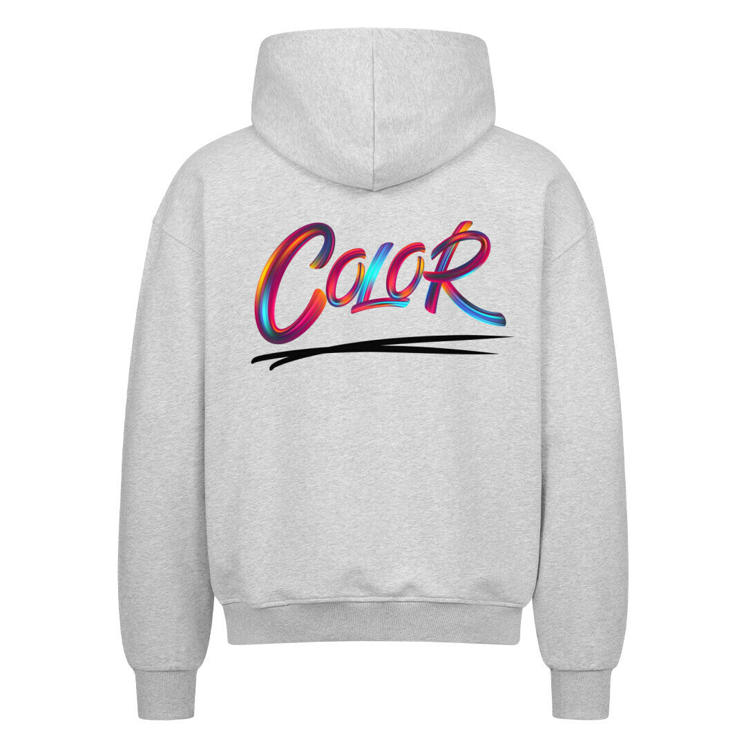 Der MarketPrint Oversized Zipper Hoodie "COLOR" in Hellgrau besticht durch seinen fetten, farbigen Verlaufsschriftzug "COLOR" über einem schwarzen Swoosh auf dem Rücken. Der Premium-Kapuzenpulli aus 100% Baumwolle hat einen übergroßen Schnitt und ist flach liegend mit dem Rücken nach oben abgebildet.