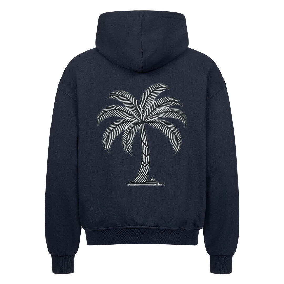 Der MarketPrint Oversized Zipper Hoodie "Palme" ist schwarz mit einer weiß umrandeten Palme auf dem Rücken, gerippten Ärmeln und Bund, ohne sichtbares Design auf der Vorderseite, und aus 100% Baumwolle für Komfort.