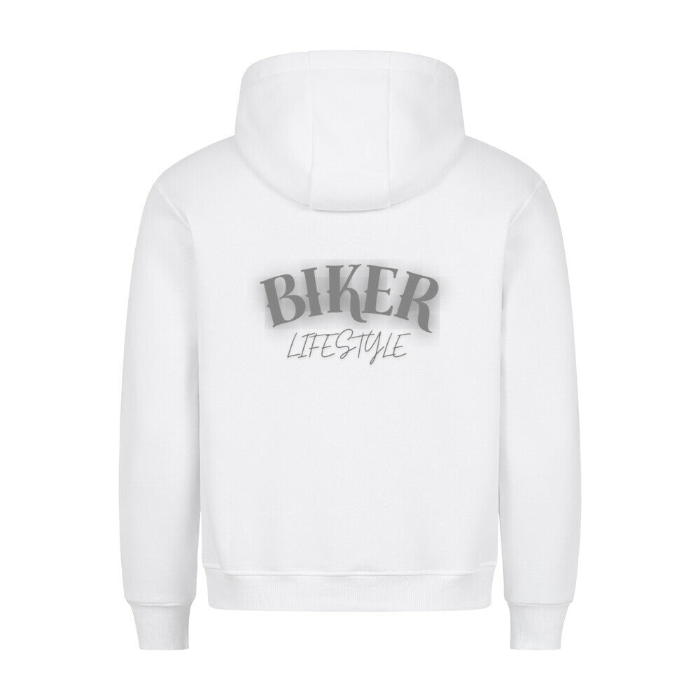 Der Premium Hoodie "BIKER" von MarketPrint aus weißem Stoff im gemütlichen Schnitt zeigt hinten den Slogan BIKER LIFESTYLE in Grau und Schwarz - ein stylisches Statement für Qualität und Coolness.