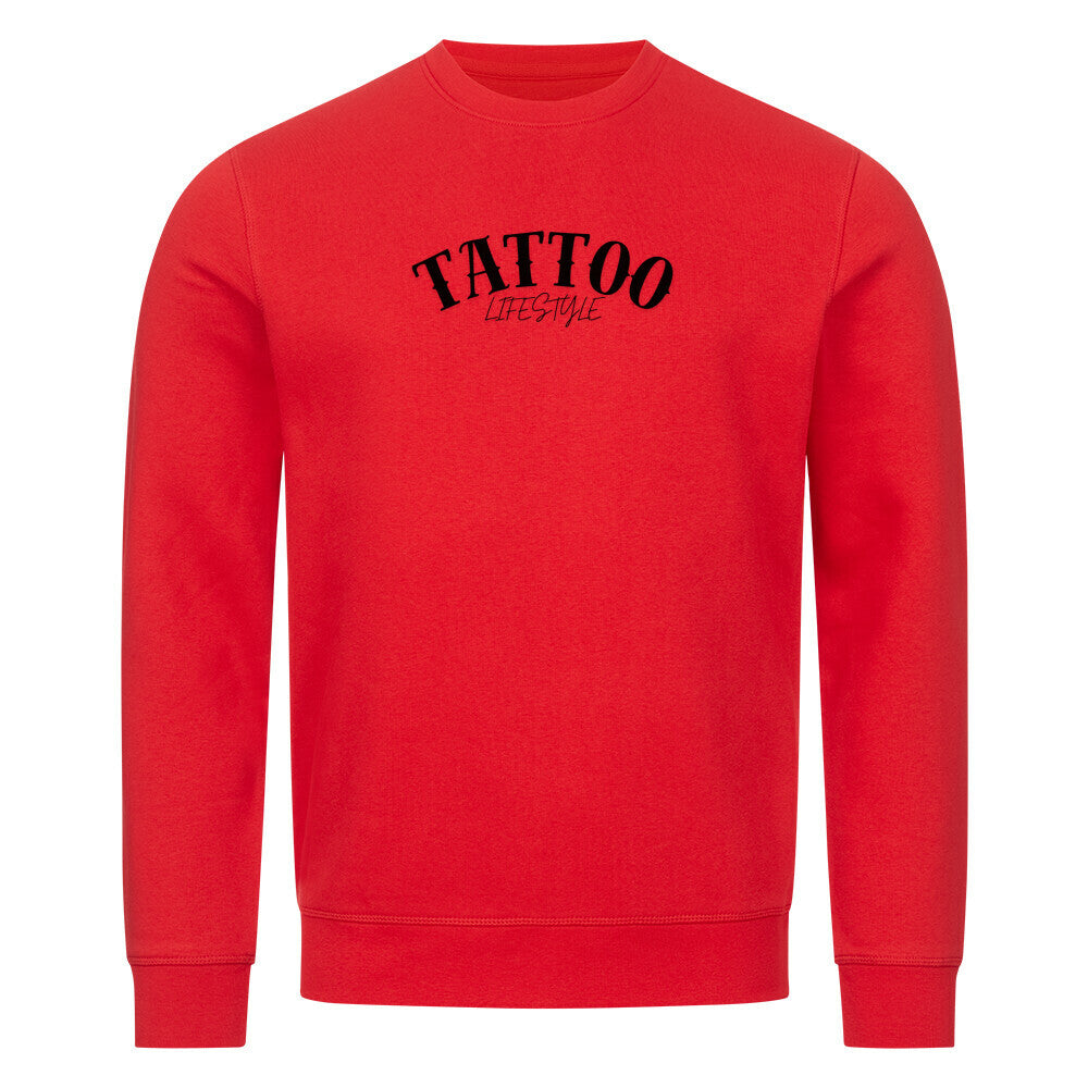 Das MarketPrint Premium Sweatshirt "TATTOO" ist ein unifarbener roter Unisex-Crewneck mit langen Ärmeln und schwarzem "TATTOO LIFESTYLE"-Schriftzug - ideal für Fans von nachhaltiger Mode.