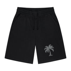 Die MarketPrint Shorts "Palme" sind schwarze Herrenshorts mit Kordelzug, Seitentaschen und einer aufgestickten Palme auf dem linken Bein, ideal für das Fitnesstraining, abgebildet auf einem einfarbig weißen Hintergrund.