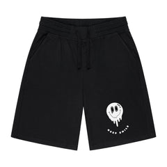 Die MarketPrint Shorts "Keep Smile" sind schwarze Shorts mit Kordelzug für Männer mit Seitentaschen, einer weißen, schmelzenden Smiley-Grafik und dem Text KEEP SMILE - ideal für den Sommer oder das nächste Workout.