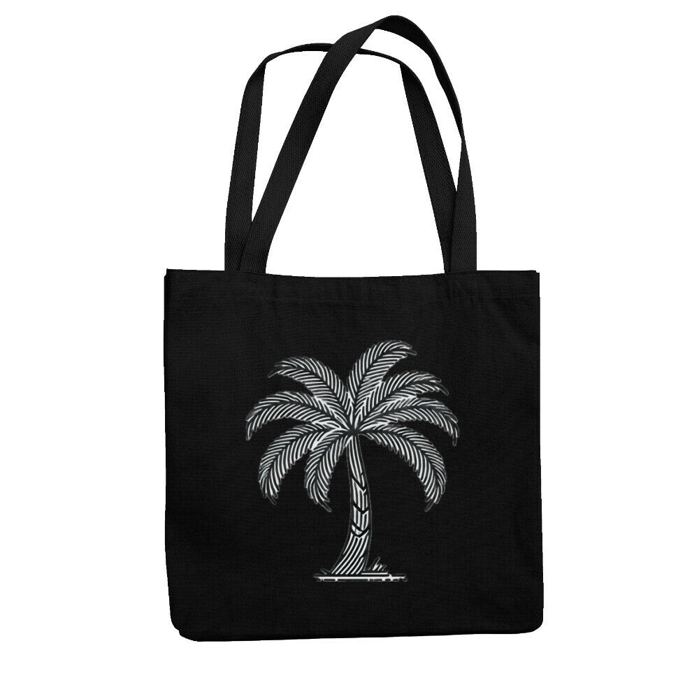 Der Jutebeutel "Palme" von MarketPrint ist eine schwarze Tragetasche mit zwei Henkeln, die aus recycelter Baumwolle hergestellt ist und eine weiße Palme in der Mitte einer Seite zeigt.