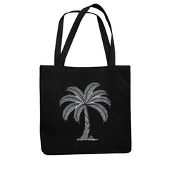 Der Jutebeutel "Palme" von MarketPrint ist eine schwarze Tragetasche mit zwei Henkeln, die aus recycelter Baumwolle hergestellt ist und eine weiße Palme in der Mitte einer Seite zeigt.