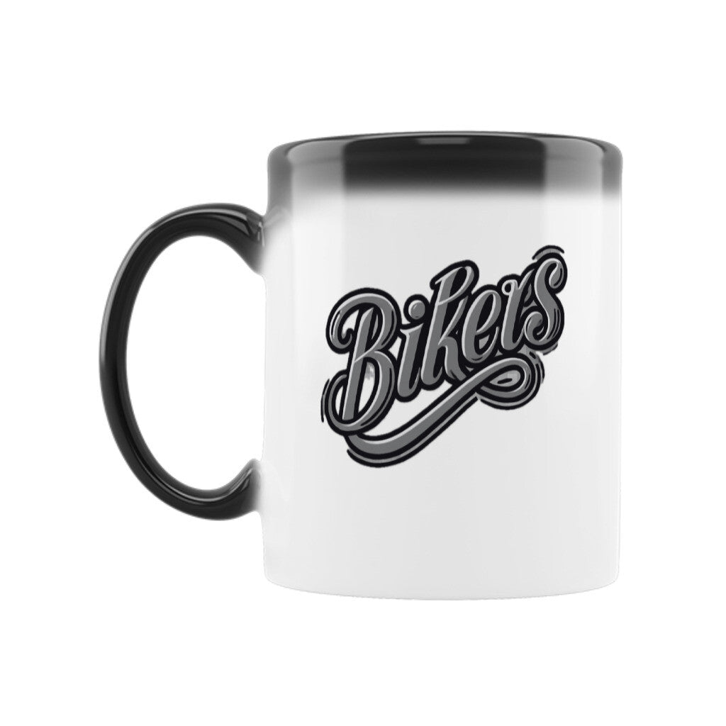 Die Zaubertasse "BIKERS" von MarketPrint ist eine weiße Keramiktasse mit schwarzem Griff und Rand, auf der "Bikers" in fetter Schrift steht - die perfekte Wahl für Fans der magischen Tasse.