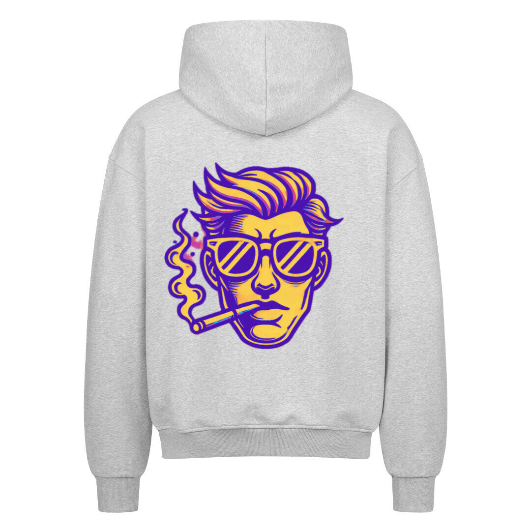 Der MarketPrint Oversized Zipper Hoodie "Mann" ist ein grauer Premium-Kapuzenpulli aus 100% Baumwolle in Übergröße mit einer Rückengrafik einer stilisierten Person mit zurückgekämmtem Haar, Sonnenbrille und bunten Rauchakzenten.