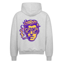 Der MarketPrint Oversized Zipper Hoodie "Mann" ist ein grauer Premium-Kapuzenpulli aus 100% Baumwolle in Übergröße mit einer Rückengrafik einer stilisierten Person mit zurückgekämmtem Haar, Sonnenbrille und bunten Rauchakzenten.