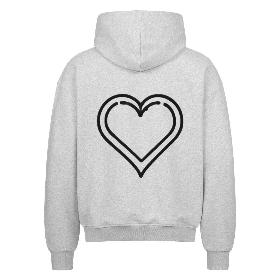 Der Oversized Zipper Hoodie "herz" von MarketPrint ist ein hellgraues Sweatshirt aus 100% Baumwolle mit übergroßer Passform und einem schwarzen Herz in der Mitte des Rückens.