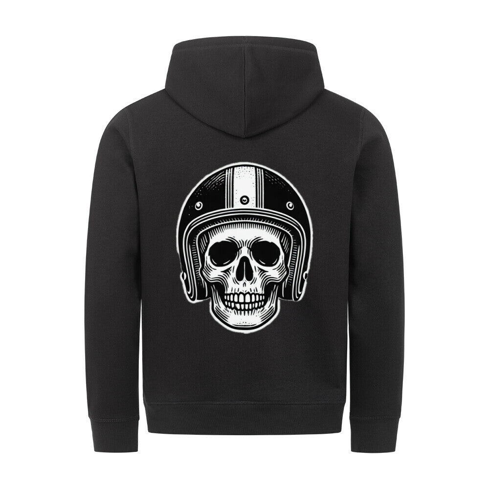 Der MarketPrint Premium Hoodie "BIKERS" in Schwarz hat eine auffällige Rückengrafik mit einem Totenkopf und einem Vintage-Motorradhelm in Weiß und Grau sowie eine praktische Kängurutasche vorne.