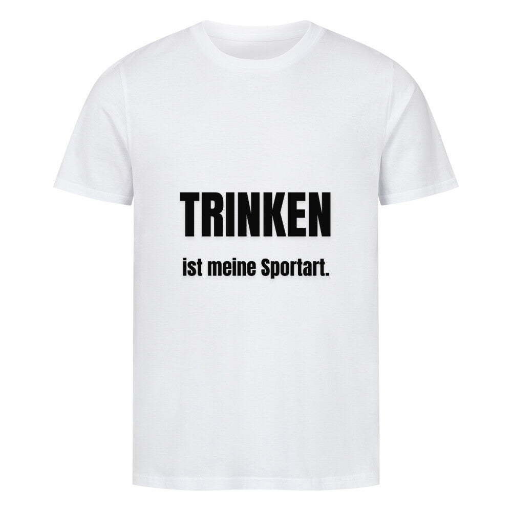 Das MarketPrint Premium Shirt "Trinken" ist ein weiches Singlejersey Unisex-T-Shirt in Weiß mit schwarzem Text auf der Vorderseite: TRINKEN ist meine Sportart. (Deutsch).