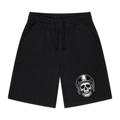 Die MarketPrint Shorts "Totenkopf-Helm" sind schwarze Männer-Shorts mit einem auffälligen Totenkopf-Helm-Design.