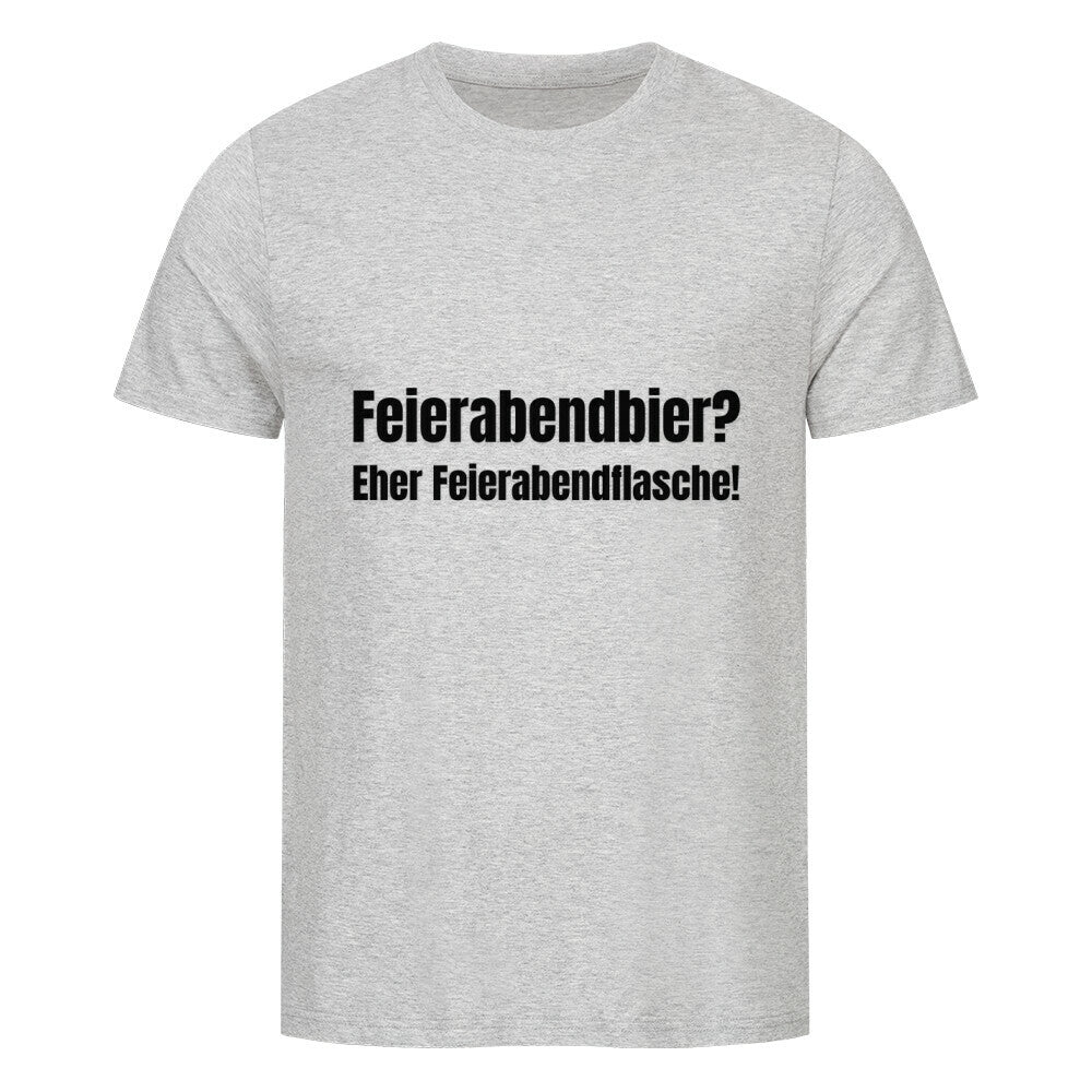 Das MarketPrint Premium Shirt "Feierabendbier?" ist ein hellgraues Unisex-T-Shirt aus Bio-Baumwolle mit mittigem schwarzen Aufdruck "Feierabendbier? Eher Feierabendflasche!" auf der Brust.