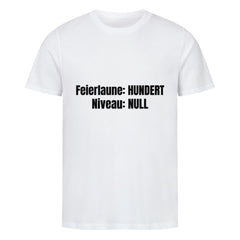 Das MarketPrint Premium Shirt "Feierabendlaune" zeigt schwarzen deutschen Text auf weichem Bio-Baumwoll-Single-Jersey in moderner Unisex-Passform.