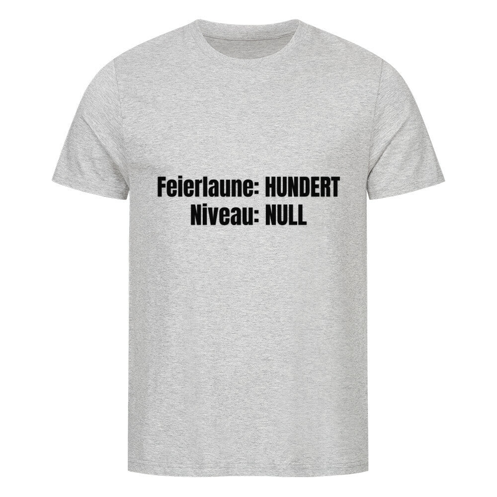 Das MarketPrint Premium Shirt "Feierabendlaune" ist ein hellgraues Singlejersey Unisex-T-Shirt mit schwarzem Text auf der Vorderseite: Feierlaune: HUNDERT Niveau: NULL.