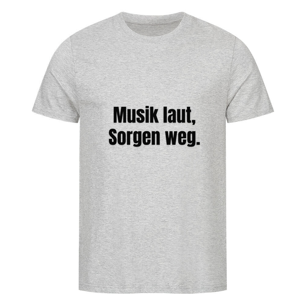 Das Premium Shirt "Sorgen" von MarketPrint ist ein hellgraues Unisex-T-Shirt aus Bio-Baumwolle mit Singlejersey-Qualität und dem deutschen Aufdruck Musik laut, Sorgen weg. in fetten schwarzen Buchstaben vorn.