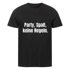 Das MarketPrint Premium Shirt "Party, spaß" ist ein schwarzes Single-Jersey-T-Shirt mit dem Schriftzug "Party, Spaß, keine Regeln." in fetten weißen Buchstaben auf der Vorderseite und einem Unisex-Schnitt für eine vielseitige Passform.