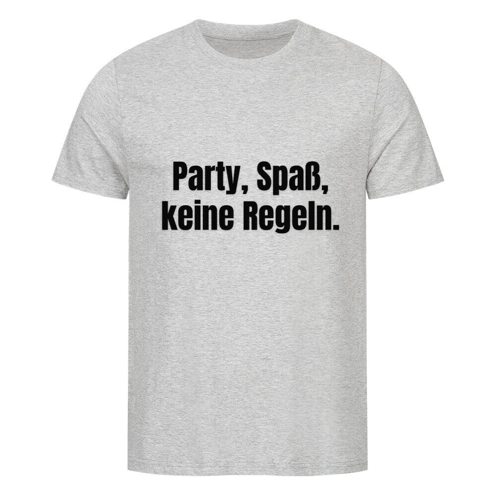 Das MarketPrint Premium Shirt "Party, spaß" ist ein unifarbenes, hellgraues T-Shirt aus weichem Singlejersey, mit schwarzem Text "Party, Spaß, keine Regeln." auf der Vorderseite.