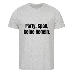 Das MarketPrint Premium Shirt "Party, spaß" ist ein unifarbenes, hellgraues T-Shirt aus weichem Singlejersey, mit schwarzem Text "Party, Spaß, keine Regeln." auf der Vorderseite.