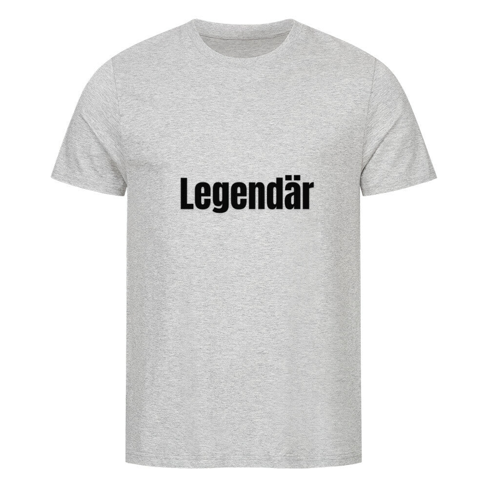 Das Premium Shirt "Legendär" von MarketPrint ist ein unifarbenes, hellgraues Unisex-T-Shirt aus Bio-Baumwolle Singlejersey mit schwarzem Aufdruck "Legendär" auf der Brust.