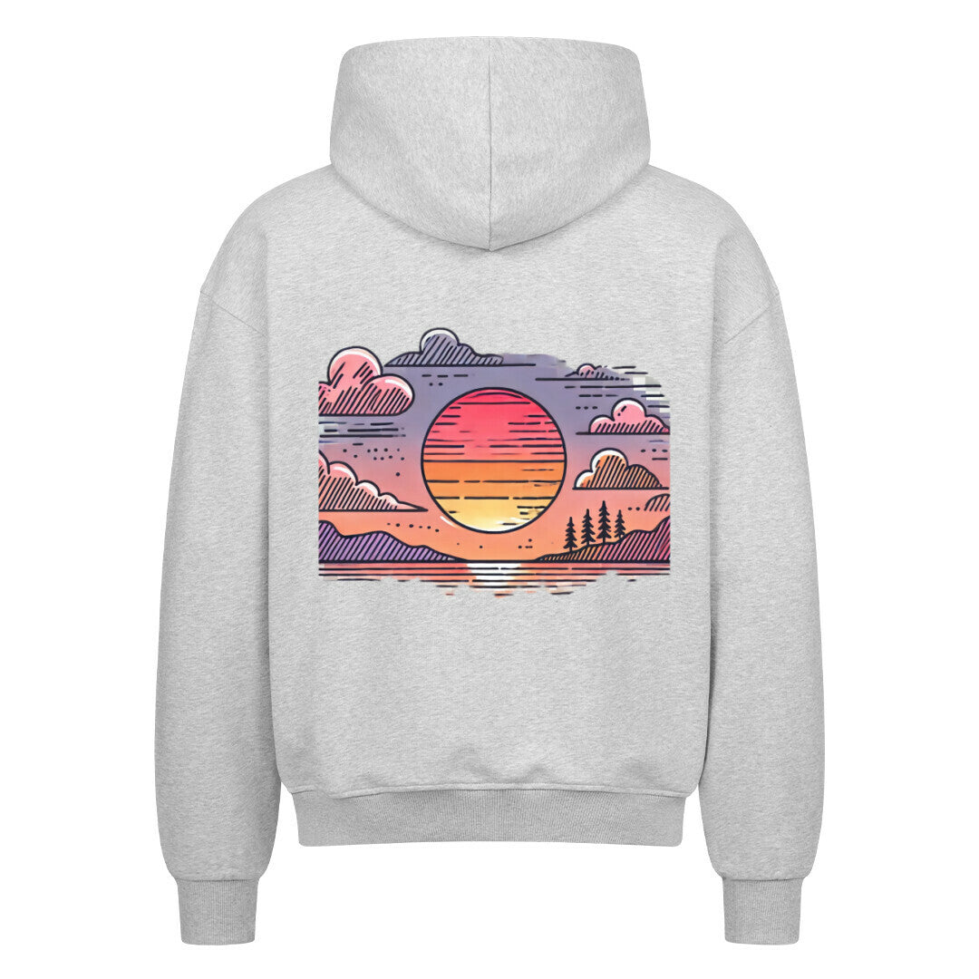 Der MarketPrint Oversized Zipper Hoodie "Sonnenuntergang" in Hellgrau zeigt auf dem Rücken eine leuchtende Sonnenuntergangs-, Wolken- und Baumgrafik in Verlaufslinien. Hergestellt aus 100% Baumwolle für ultimativen Komfort mit einer übergroßen Passform.