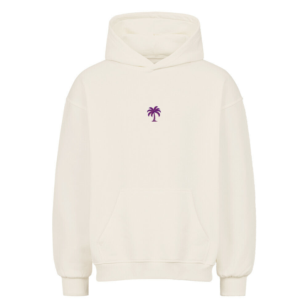 Der MarketPrint Oversized Hoodie "Sonnenuntergang" ist ein schlichter weißer Premium-Kapuzenpulli mit übergroßer Passform, einer kleinen lila Palme auf der Brust, schwerem Baumwollstoff, einer Fronttasche und gerippten Bündchen und Saum.