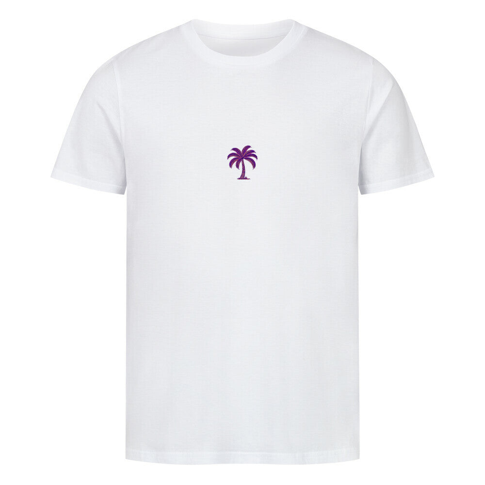 Das Premium Shirt "Palme-Sonnenuntergang" von MarketPrint ist ein unisex weißes Bio-Baumwolle T-Shirt aus weichem Singlejersey, mit einer kleinen lila Palmengrafik mittig auf der Brust.