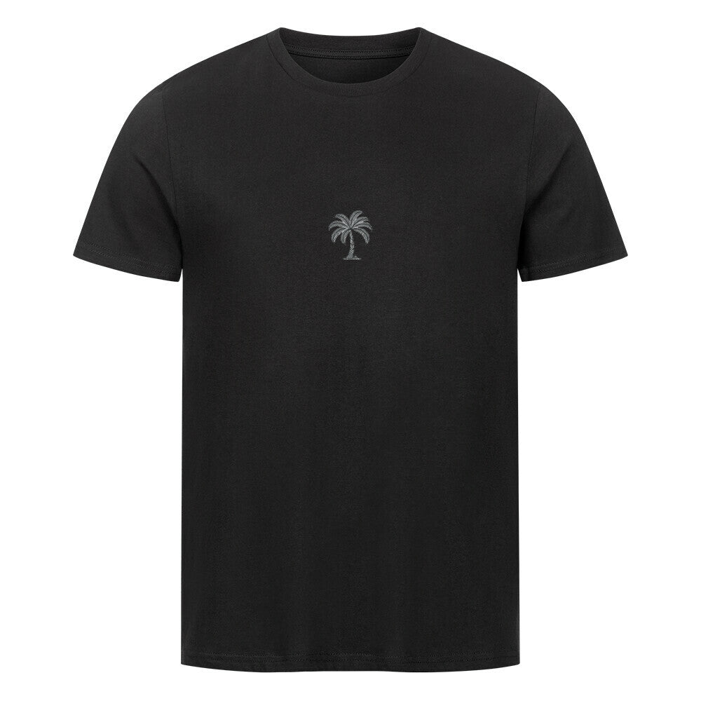 Das Premium Shirt "Palme-Sonnenuntergang" von MarketPrint ist ein schlichtes schwarzes Unisex Singlejersey T-Shirt mit einer kleinen weißen Palmengrafik auf der Brust, hergestellt aus weichem Bio-Baumwolle T-Shirt Stoff.