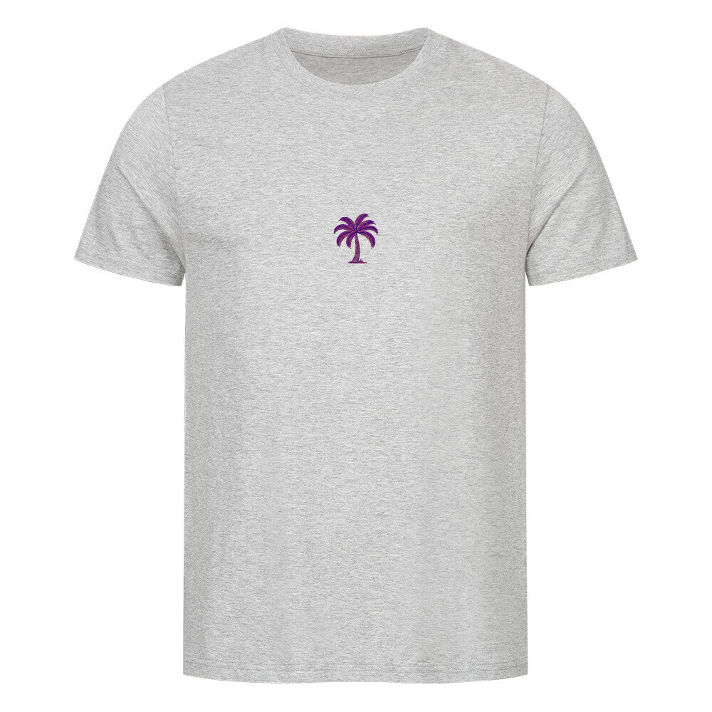 Das Premium Shirt "Palme-Sonnenuntergang" von MarketPrint ist ein hellgraues Unisex-Kurzarm-T-Shirt aus Bio-Baumwolle mit einer kleinen lila Palmengrafik mittig auf der Brust.