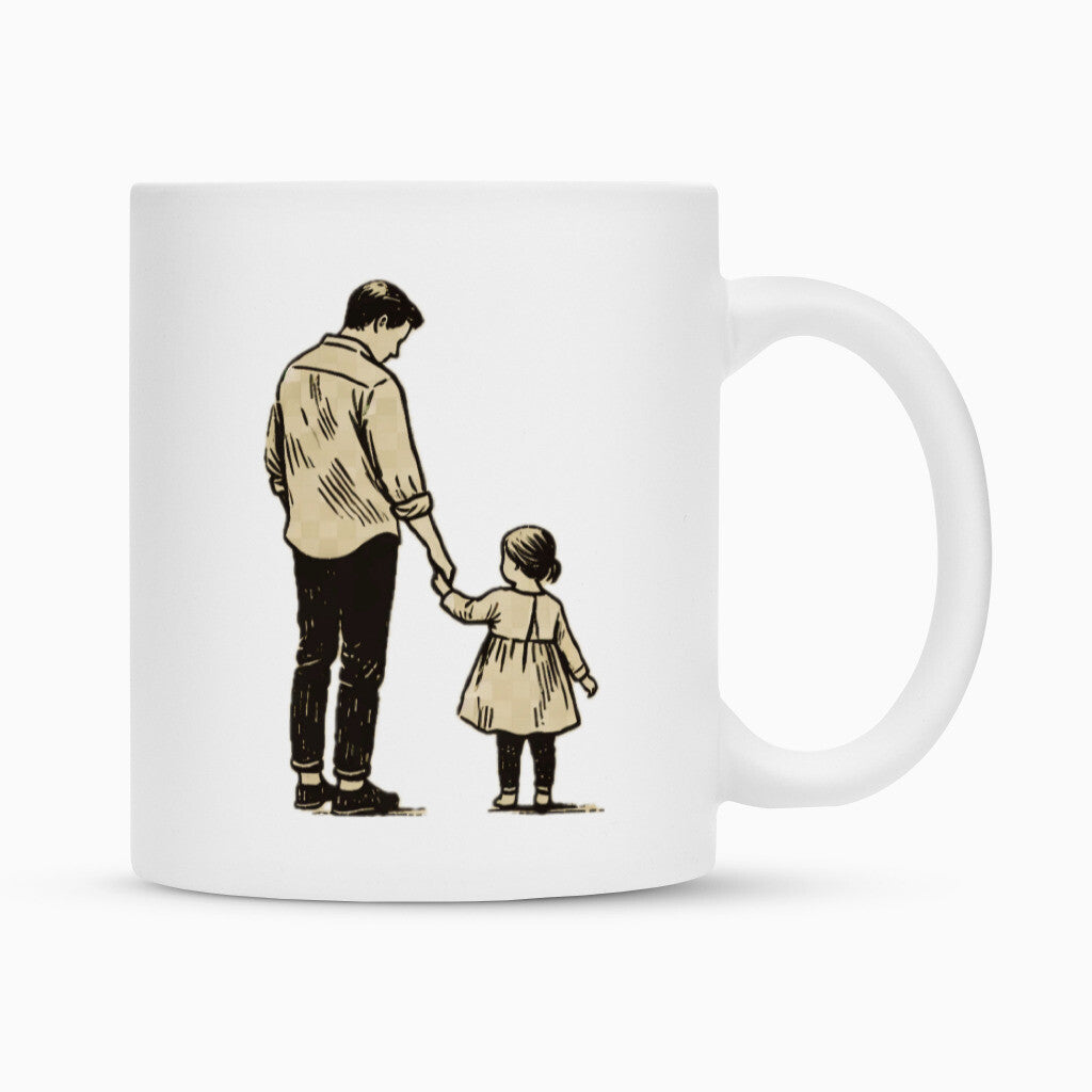 Die Tasse "Vater-Tochter" von MarketPrint ist eine weiße Keramiktasse mit einer bezaubernden, schwarz umrandeten Illustration eines Erwachsenen und eines Kindes, die sich an den Händen halten, beide von hinten gesehen - ein schönes Design für Väter und Töchter.