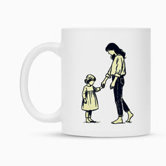 Die Tasse "Mutter-Tochter" von MarketPrint ist eine weiße Keramiktasse mit einem minimalistischen Design einer erwachsenen Frau und eines jungen Mädchens, die sich an den Händen halten. Ideal als Sublimationstasse für persönliche Geschenke oder den täglichen Gebrauch.