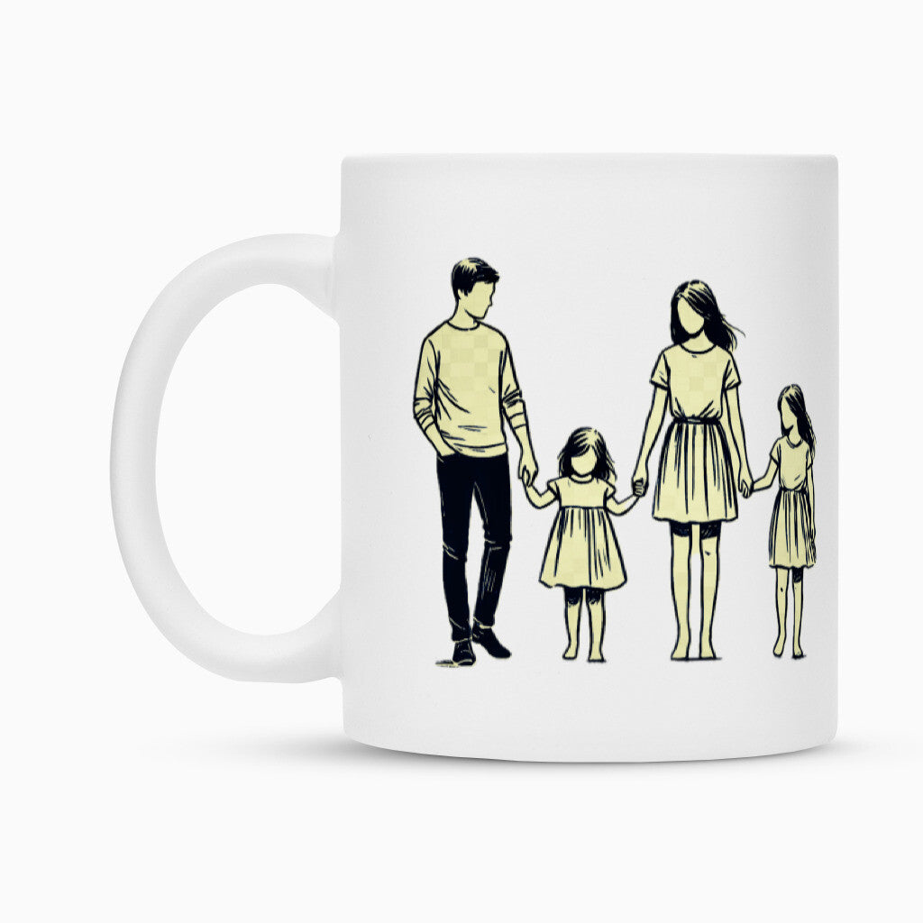 Die MarketPrint Tasse "Eltern-Töchter" ist eine weiße Keramik-Sublimationstasse mit einer Familienillustration - zwei Erwachsene und zwei Kinder halten sich an den Händen. Genießen Sie dauerhafte Drucke und täglichen Charme mit dieser herzlichen Tasse.